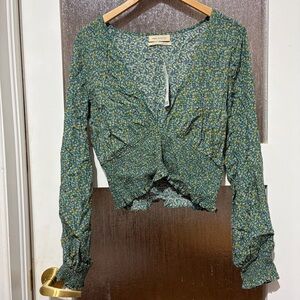 Urban Outfitters green floral smocked blouse